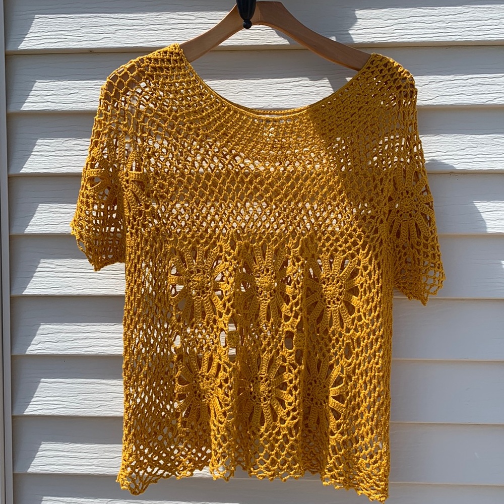 Dressbarn Gold Crochet loose Boho Sheer Cover top shirt size 1X